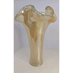 Murano Style Golden Apricot Marbled Glass Vase Ruffle Fluted Top 10.5" Tall